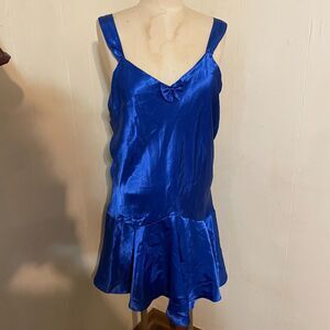 Vintage 80s GO SOFTLY Jeweltone Blue Satin CHEMISE Gown Mermaid Hem Plus 1x